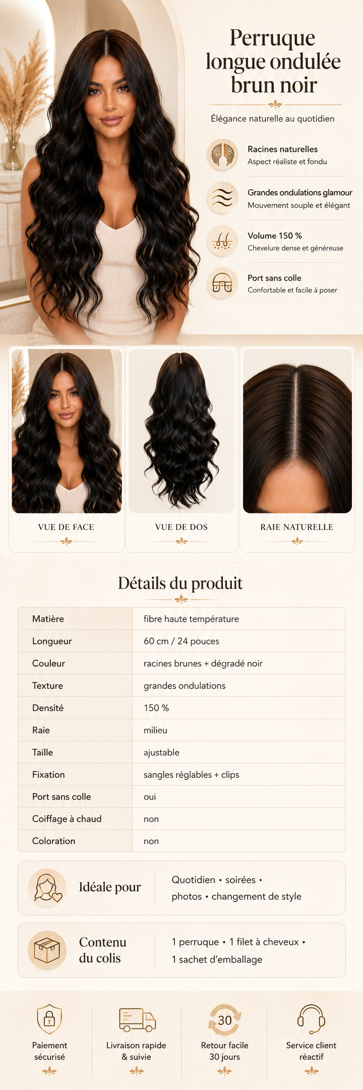 Détails produit perruque longue ondulée brun noir