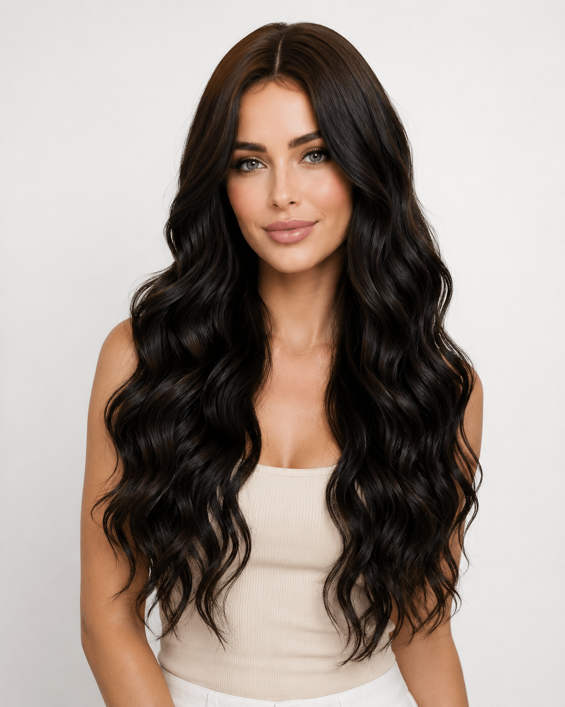 Look naturel perruque longue ondulée brun noir