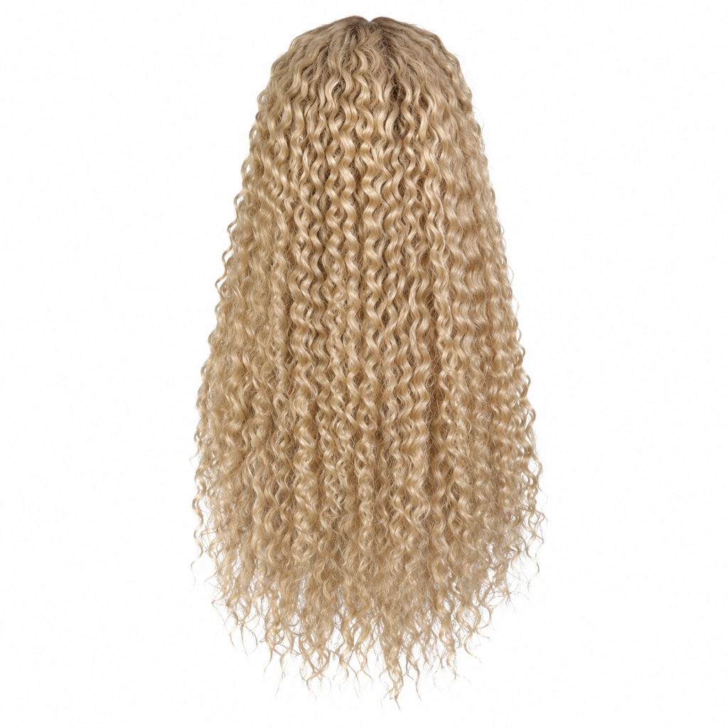 Vue arrière produit perruque longue bouclée blond doré