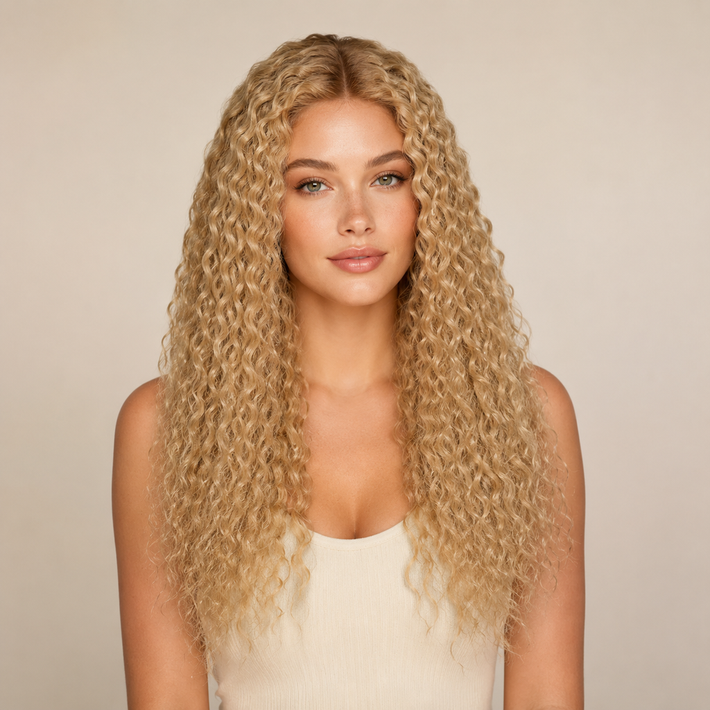 Perruque longue bouclée blond doré portée de face