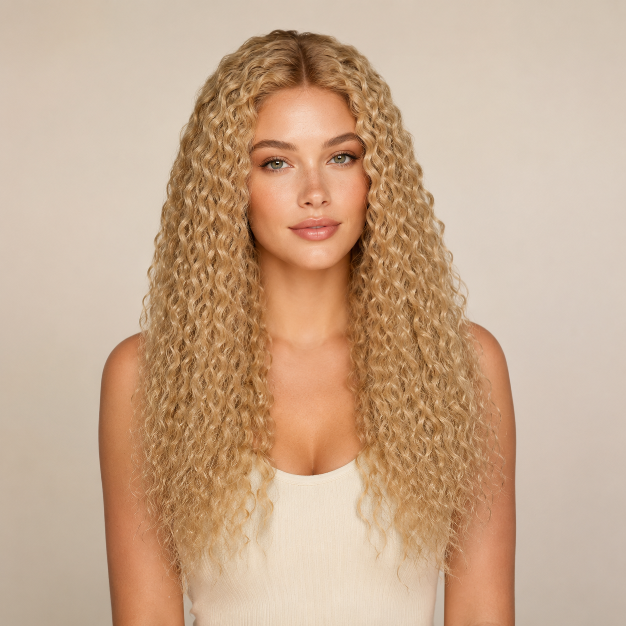 Perruque longue bouclée blond doré portée de face