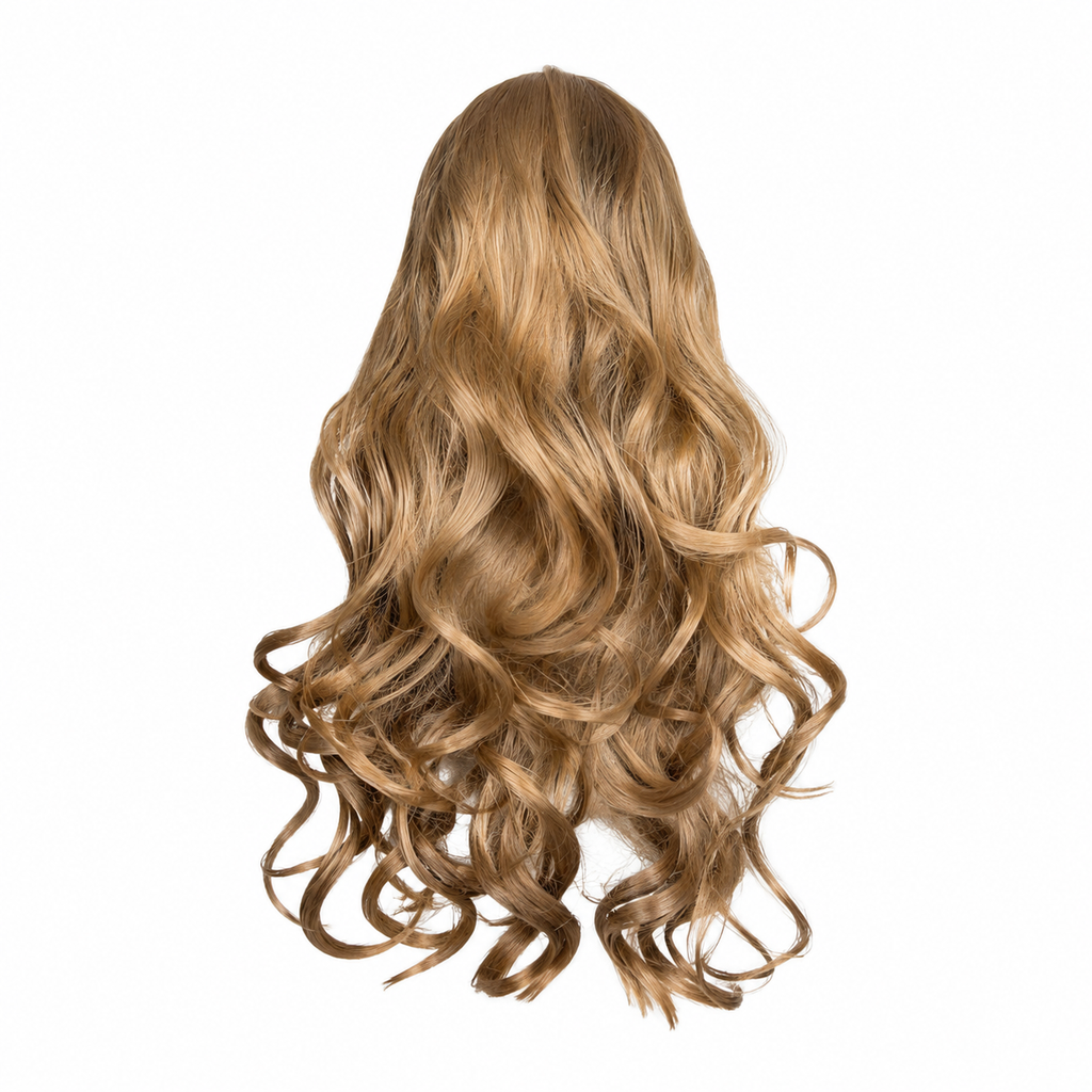 Vue arrière produit perruque longue ondulée blond doré