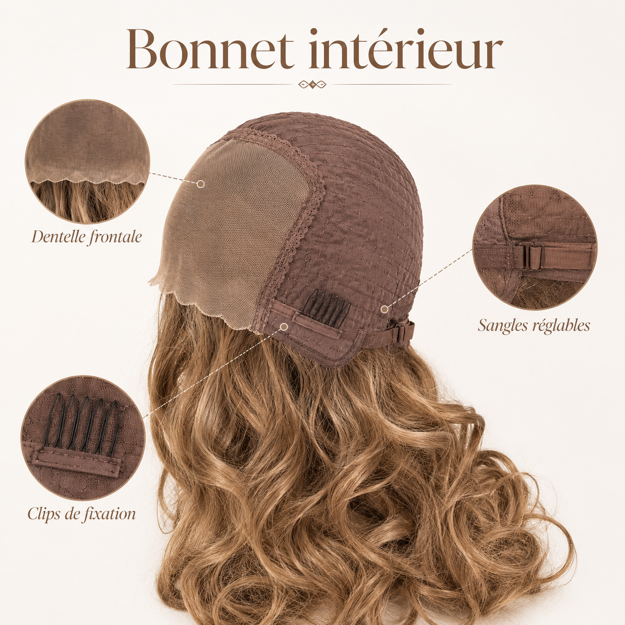 Bonnet intérieur avec dentelle frontale sangles réglables et clips