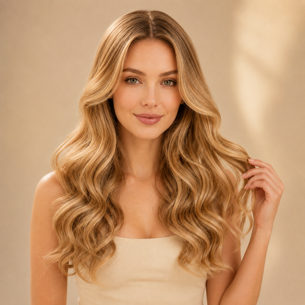 Look naturel perruque longue ondulée blond doré