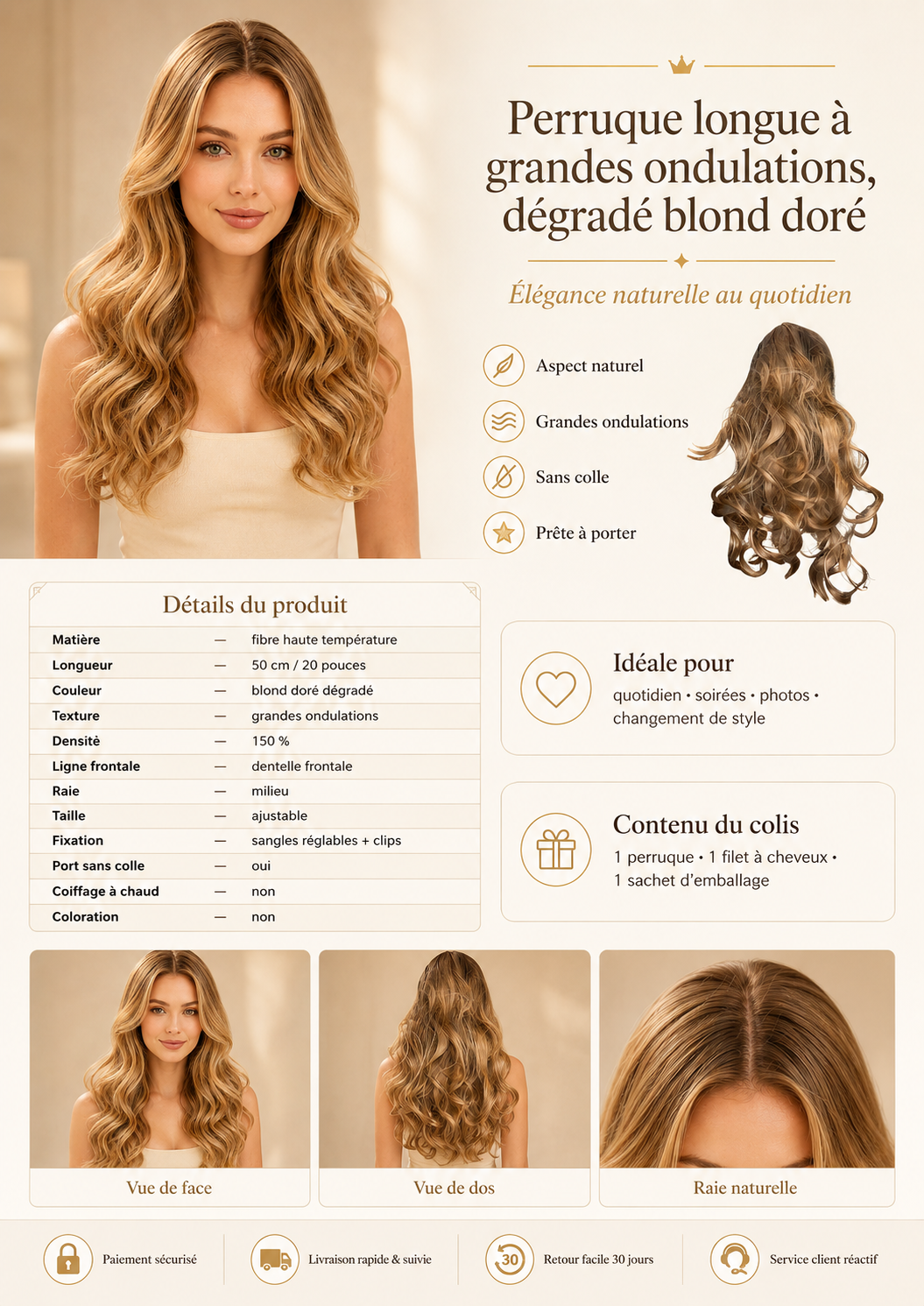 Perruque longue ondulée dégradé blond doré détails produit