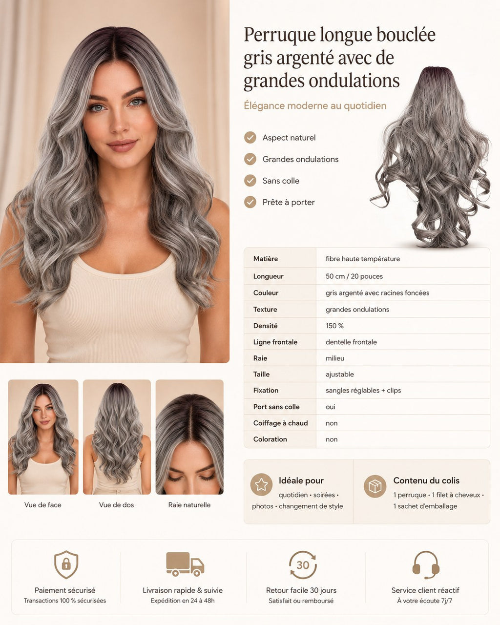 Détails produit perruque gris argenté