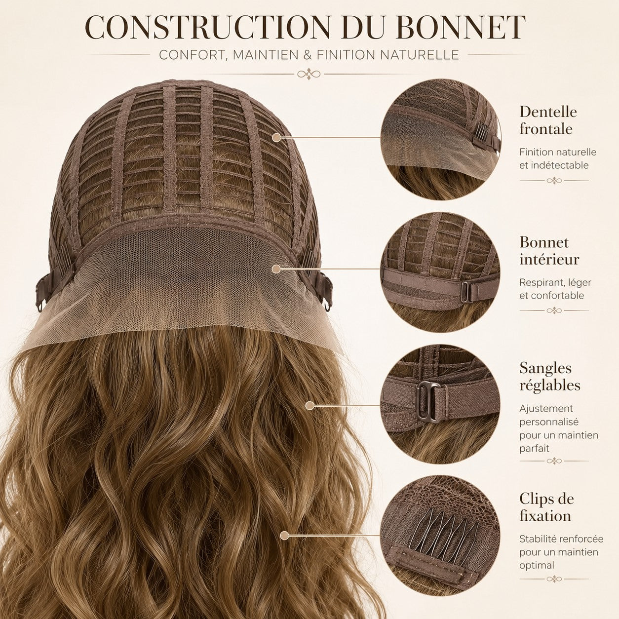 Construction du bonnet avec dentelle frontale et sangles réglables