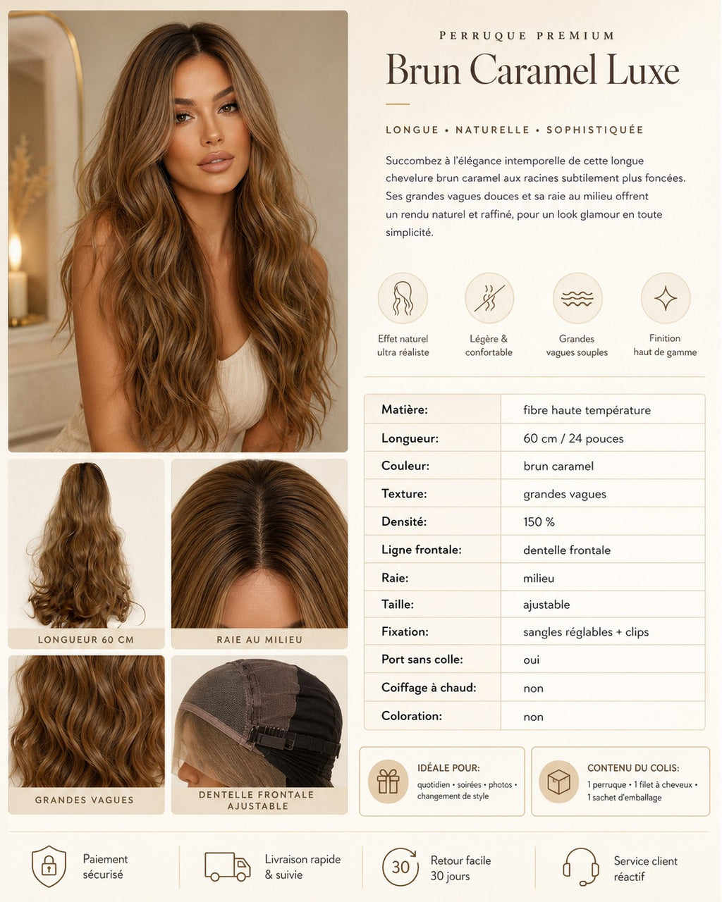 Détails produit perruque brun caramel luxe