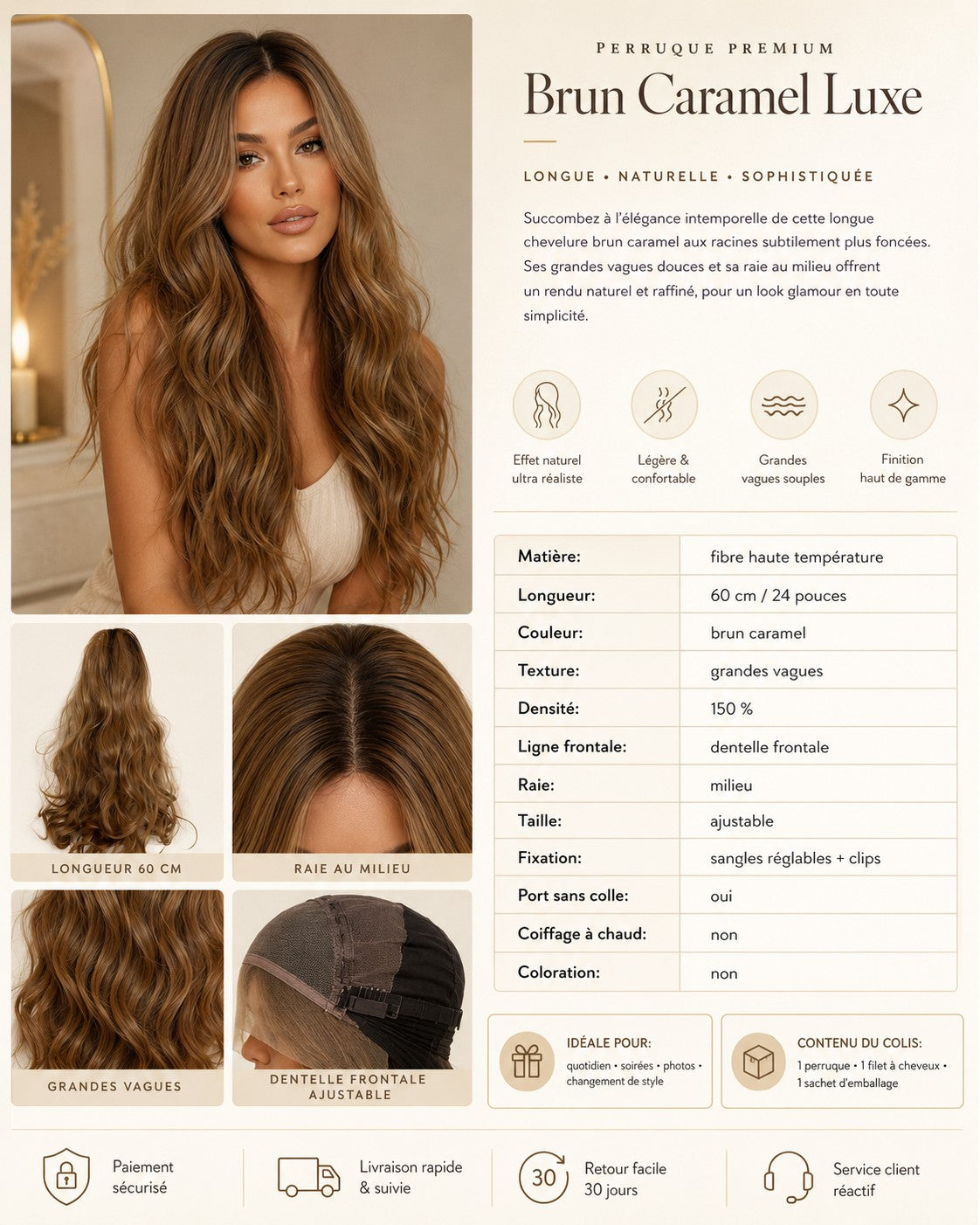 Détails produit perruque brun caramel luxe