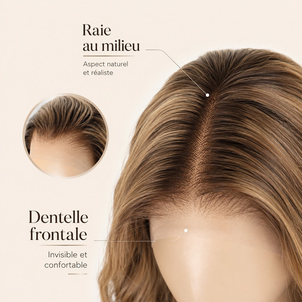 Raie au milieu et dentelle frontale de la perruque brun caramel