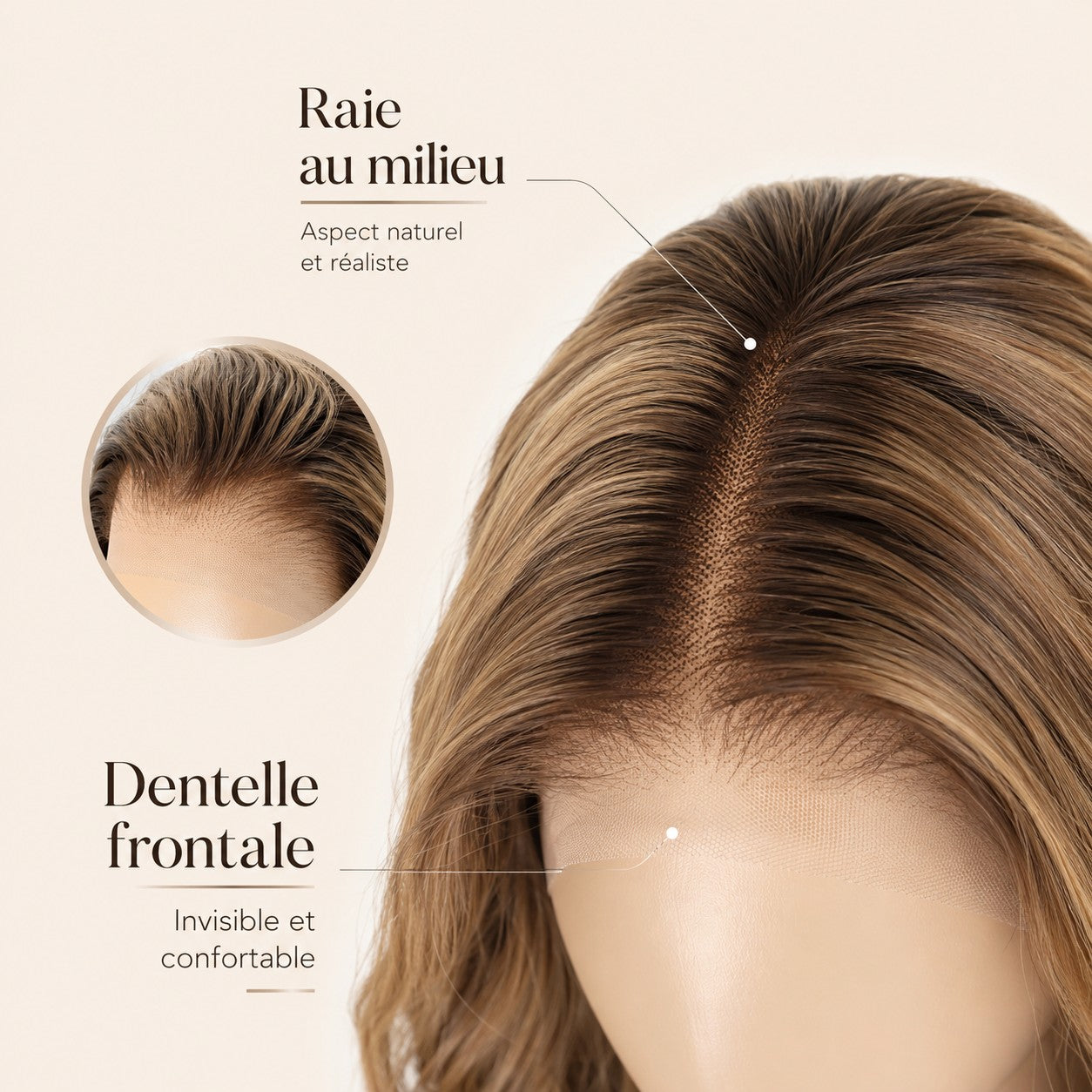 Raie au milieu et dentelle frontale de la perruque brun caramel