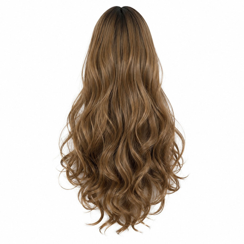 Perruque brun caramel vue arrière sur fond blanc
