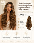 Fiche visuelle de la perruque longue ondulée brun caramel