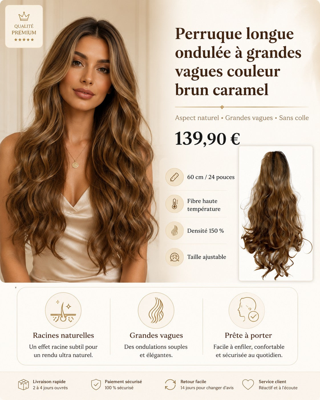 Fiche visuelle de la perruque longue ondulée brun caramel
