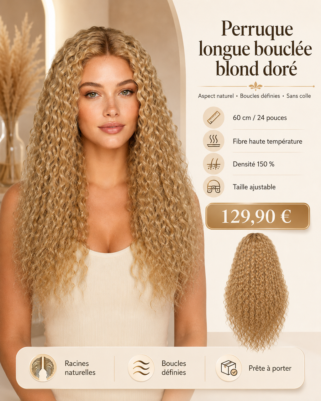 Perruque longue à grandes ondulations, dégradé blond doré