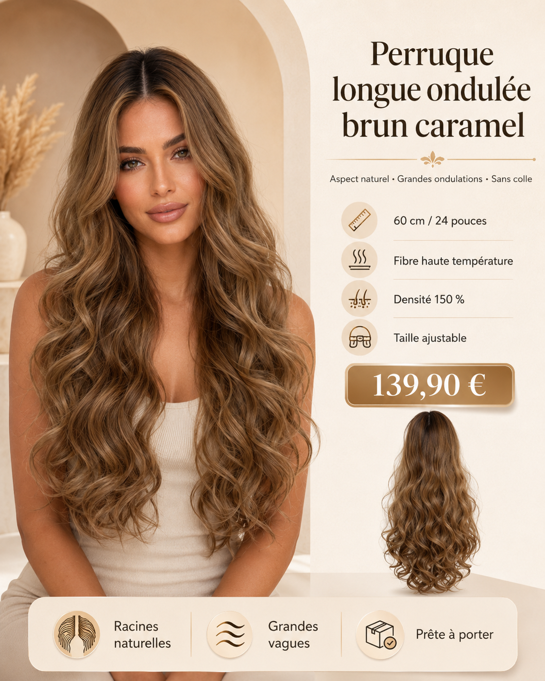 Perruque longue à grandes ondulations, dégradé blond doré