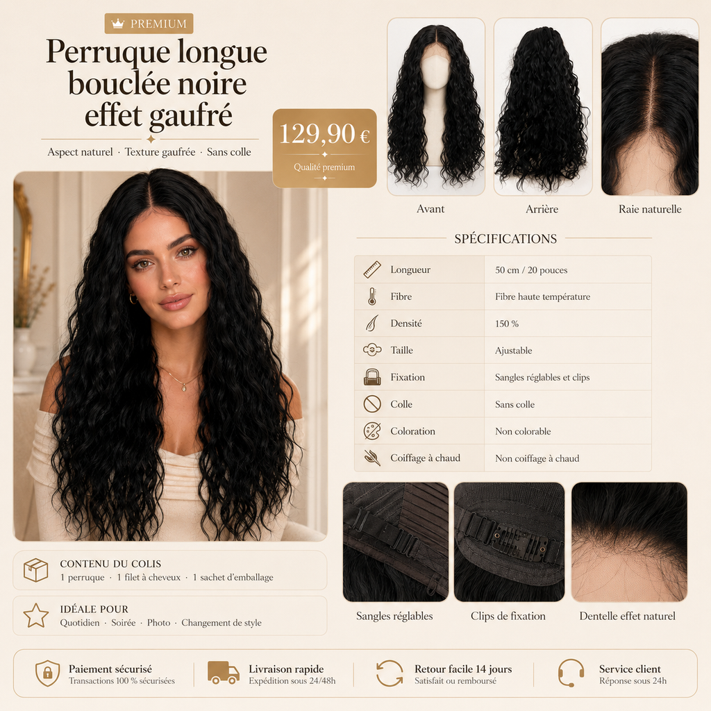 Perruque longue bouclée noire effet gaufré - fiche produit