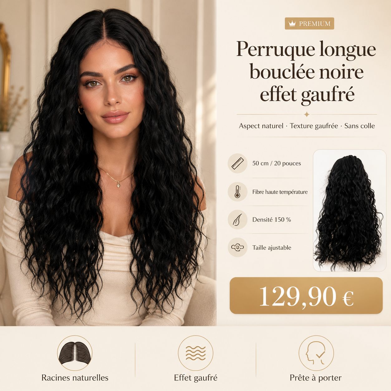 Perruque longue bouclée noire effet gaufré portée de face