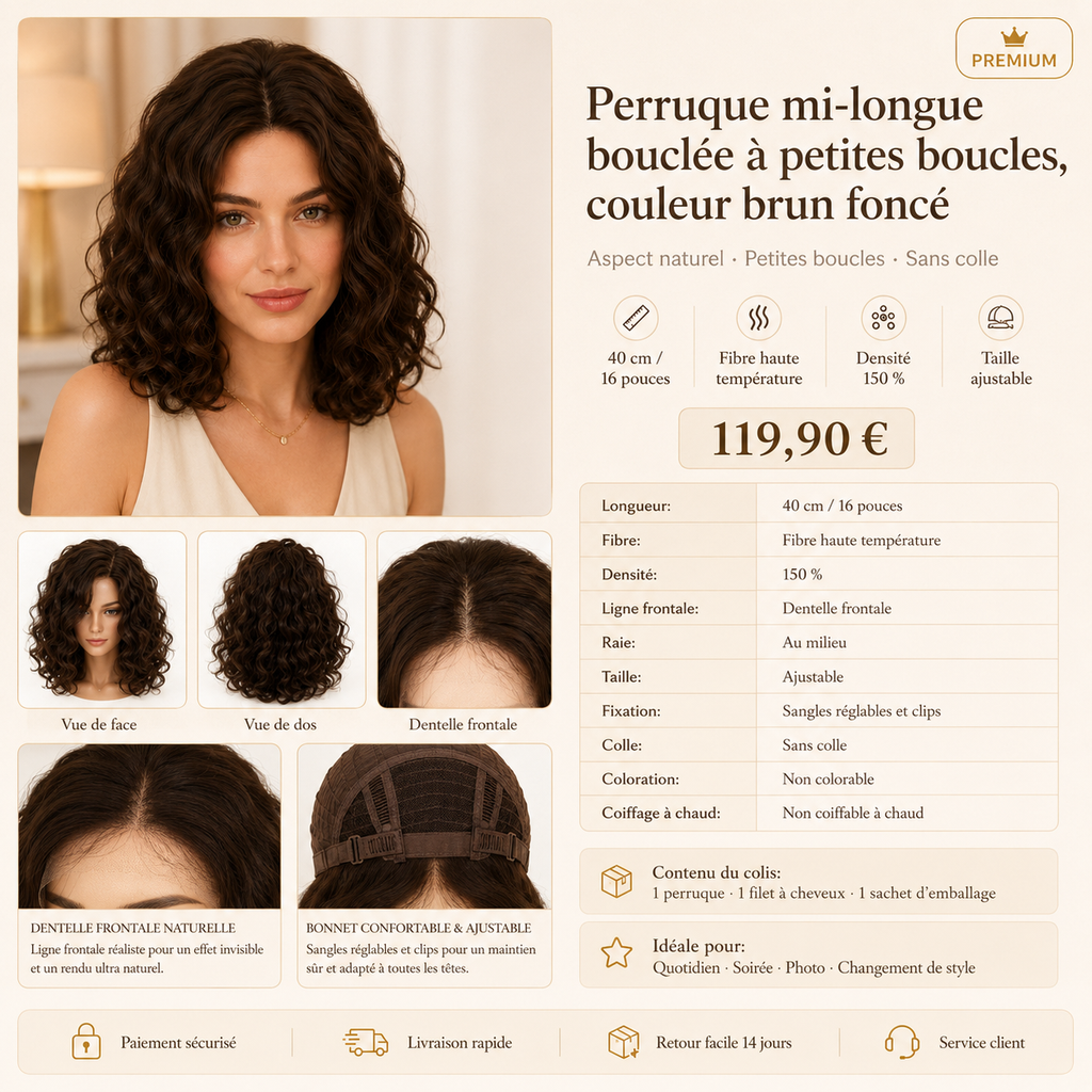 Perruque mi-longue bouclée brun foncé - fiche produit